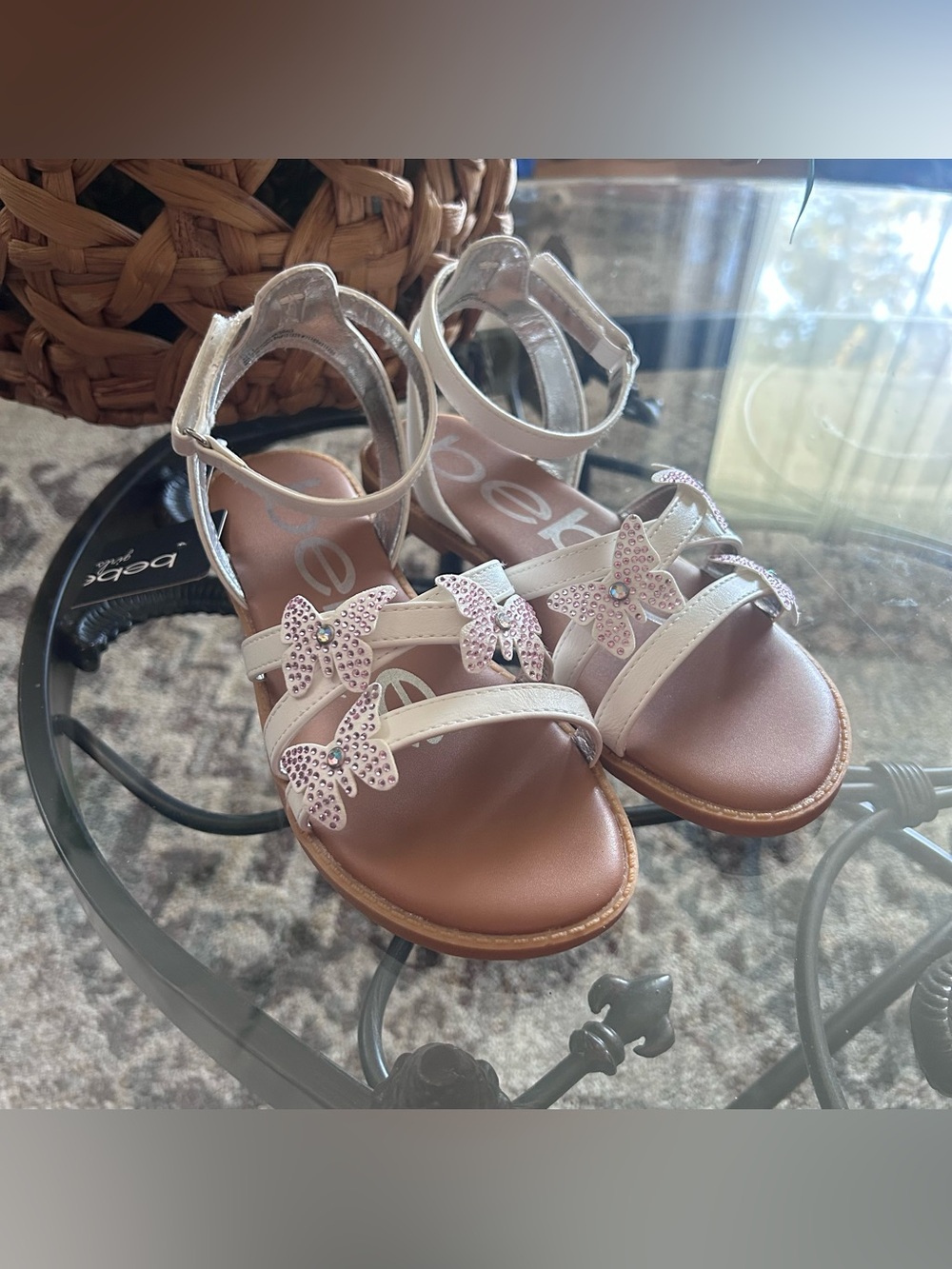 bebe Girl's Strappy Sandals with Rhinestone Butterfly Appliques
